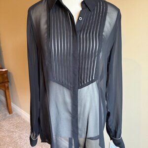 Reitmans sheer black blouse with front pleats and long sleeves, maybe go…